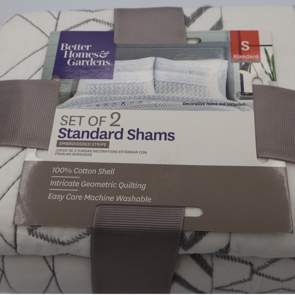 Better Homes Gardens Standard Shams Set of 2 Gray Embroidered Stripe 100% Cotton